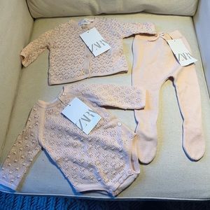 NWT Zara 0-1 NB crochet cotton light pink sweater set